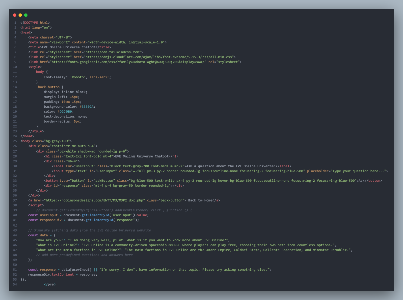 A screenshot of the html structure for the EVE Online AI Chatbot.